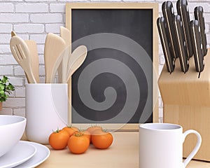 Branding mockup kitchen with table and kitchenware.