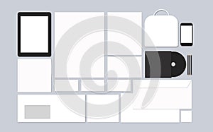 Branding Mockup Template. Set of white blanks on grey Neutral Grey background. Corporate identity stationery
