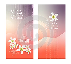 Branding promotion advertising spa, beauty treatment or aromatherapy template with white neroli orange flowers, shower waterflow a
