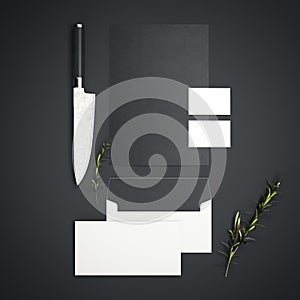 Branding restaurant mockup with sharp knife. 3d rendering