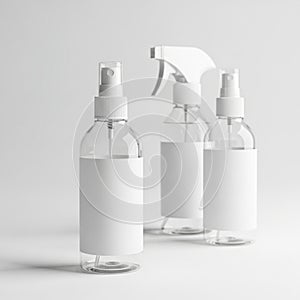 Three Clear Plastic Spray Bottles with Blank Labels on White Background