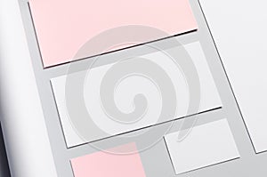Branding Stationery Mock-Up - Pink and White. Close-up - .Letterhead A4, DL Envelope, Compliments Slip 99x210mm, Business