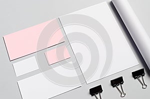 Branding / Stationery Mock-Up - Pink & White - Letterhead A4, DL Envelope, Compliments Slip 99x210mm, Business Cards 85x55mm