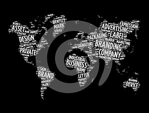 Branding word cloud in shape of world map, business concept background