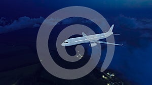 Brandless passenger plane flying in night sky 3D