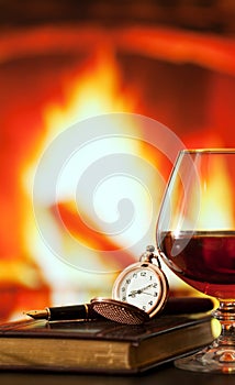 Brandy glass, diary and pocket watch