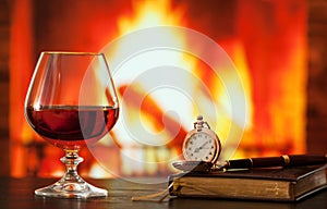 Brandy glass, diary and pocket watch