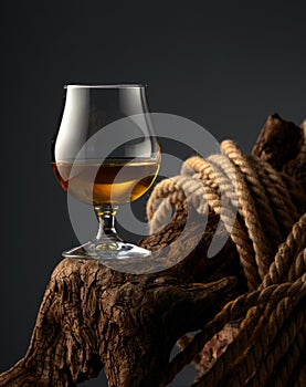Brandy snifter and rope on a old wooden snag