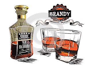 Brandy in two glasses and bottle