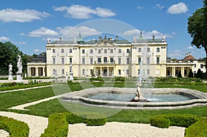 Branicki Palace in Bialystok, Poland. The palace complex with gardens, pavilions, sculptures.