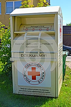 BRANIEWO, POLAND. A container for collection of things by the person in need of the Polish Red Cross