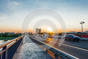 Branko\'s Bridge during sunset in Belgrade