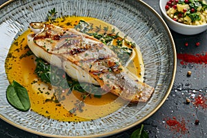 Branzino or Seabass Fillet with Bisque Sauce and Spinach with Grilled Spigola or Sea Bass on Dark Stone