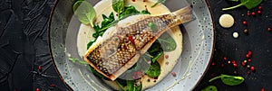 Branzino or Seabass Fillet with Bisque Sauce and Spinach with Grilled Spigola or Sea Bass on Dark Stone