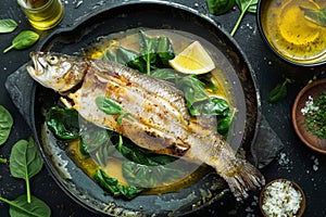 Branzino or Seabass Fillet with Bisque Sauce and Spinach with Grilled Spigola or Sea Bass on Dark Stone