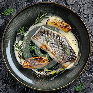 Branzino or Seabass Fillet with Bisque Sauce and Spinach with Grilled Spigola or Sea Bass on Dark Stone