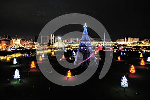 Night view of the Esplanada dos Ministerios in Brasilia, capital of Brazil, decorated for Christmas