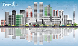 Brasilia Skyline with Gray Buildings, Blue Sky and Reflections.