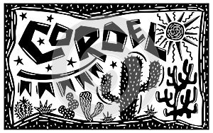 Brasilian cordel style. Desert landscape elements. Cacti, succulents, sun and stars. Woodcut style photo