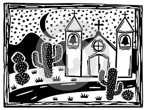 Brasilian cordel style. Landscape with church. Woodcut style photo