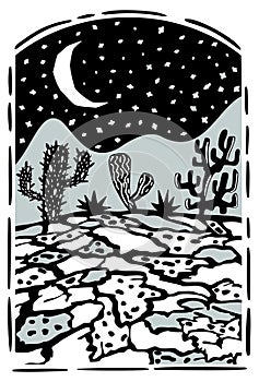 Brasilian cordel style. Night desert landscape with cacti. Woodcut illustration photo