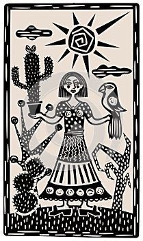 Brasilian cordel style. Woman with cactus and parrot. Woodcut style photo