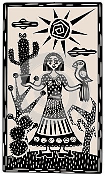 Brasilian cordel style. Woman with cactus and parrot. Woodcut style
