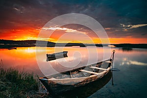 Braslaw Or Braslau, Vitebsk Voblast, Belarus. Wooden Rowing Fishing Boats In Beautiful Summer Sunset On The Dryvyaty