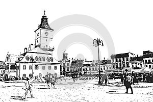 Brasov city square. Vintage hand drawn sketch