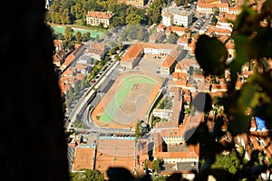 Brasov Old City and sports high school. Autumn view from above Tampa Mountain.