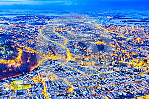 Brasov, Romania. Arial view of the old town during Christmas photo