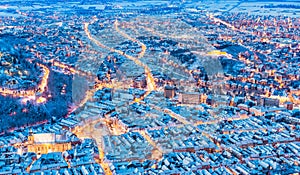 Brasov, Romania. Arial view of the old town during Christmas