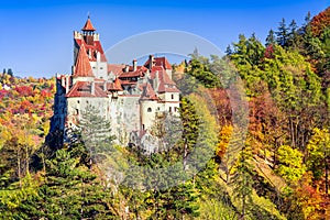 Brasov, Romania. Autumn stunning colored landscape with Bran Castle, known for the myth of Dracula, Transylvania