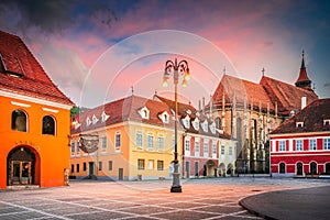Brasov, Romania. Black Church and Council Square, night view, beautiful Transylvania travel place