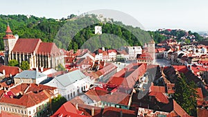 Brasov, Romania - Flying over historical downtown, medieval saxon city of Transylvania