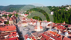 Brasov, Romania, Transylvania - Flying over historical downtown