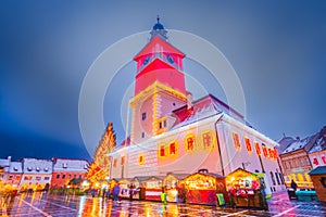 Brasov, Romania - Winter scenic Christmas Market in downtown, touristic Transylvania