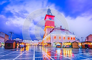 Brasov, Romania - Winter scenic Christmas Market in downtown, touristic Transylvania