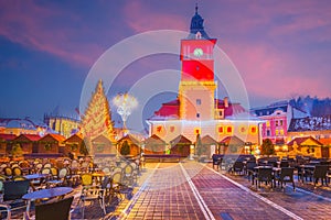 Brasov, Romania - Winter scenic Christmas Tree in downtown, touristic Transylvania