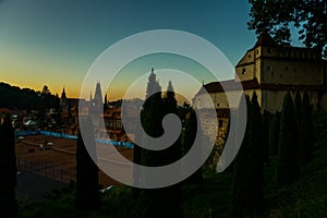 Brasov, Transylvania. Romania: The beautiful landscape of the city in the evening. Panorama of the old town at sunset