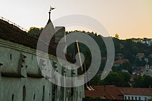 Brasov, Transylvania. Romania: The beautiful landscape of the city in the evening. Panorama of the old town at sunset