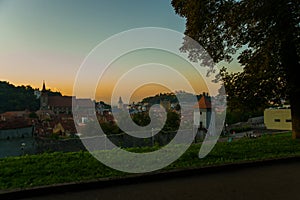 Brasov, Transylvania. Romania: The beautiful landscape of the city in the evening. Panorama of the old town at sunset