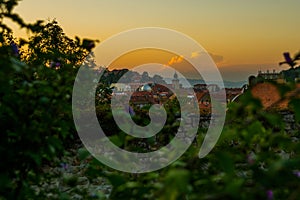 Brasov, Transylvania. Romania: The beautiful landscape of the city in the evening. Panorama of the old town at sunset