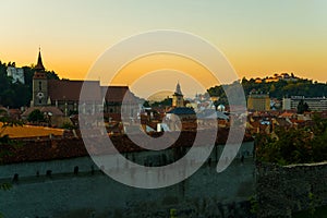 Brasov, Transylvania. Romania: Panoramic view of the old town center and Tampa mountain