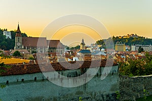 Brasov, Transylvania. Romania: Panoramic view of the old town center and Tampa mountain