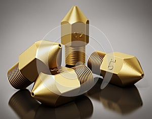 Brass 3D printer nozzles isolated on gray background. 3D illustration