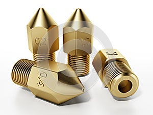 Brass 3D printer nozzles isolated on white background. 3D illustration