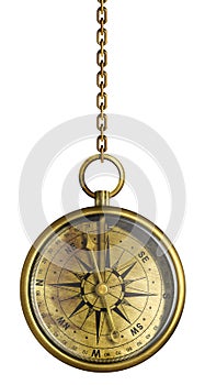 Brass antique compass on chain isolated