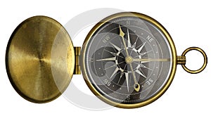 Brass antique pocket compass with lid and black scale isolated