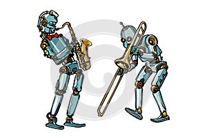 Brass band musicians robots, saxophone and trombone